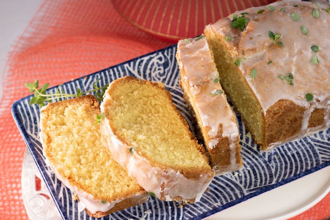 Butter cake with icing and thyme