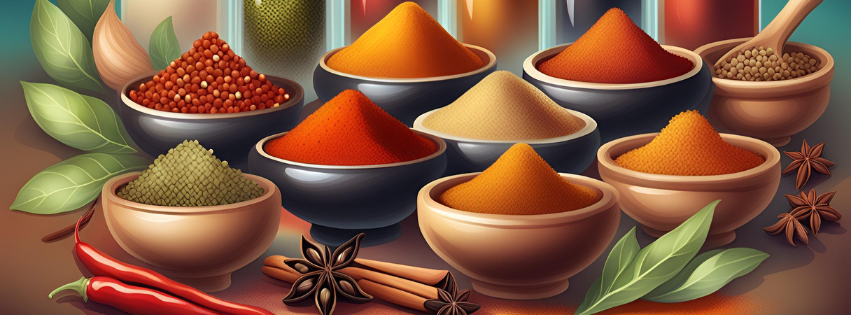 Spice and condiment page header AI image of bowls of spices